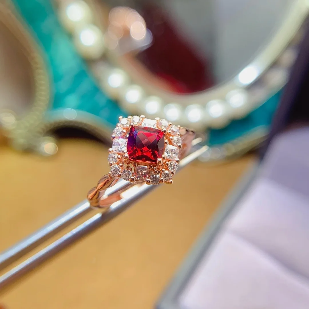 KJJEAXCMY girls' pure natural 5x5mm red garnet hollow ring 925 sterling silver electroplated 18K rose gold Christmas gift