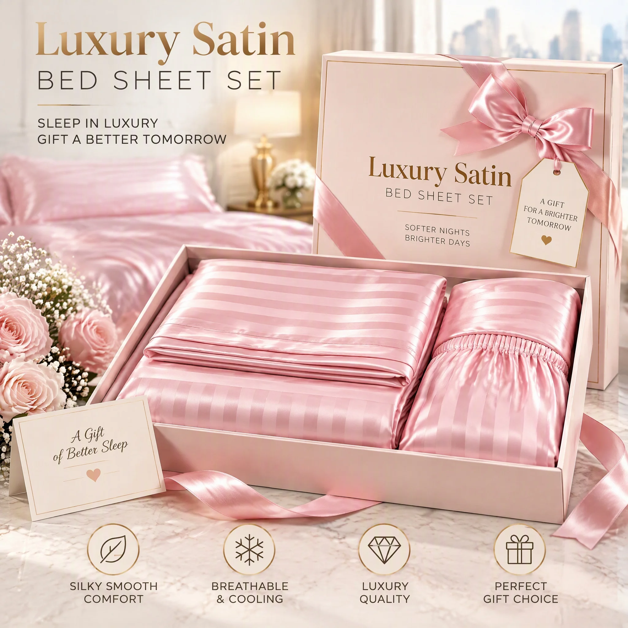 Italian Vibe Striped 4-Piece Textile Kit, Graceful Lustrous Surface, Classic Subtle Lines, Room Upgrade Accent, Harmonizes With Romantic Decor, Twin Full Queen King Sizes