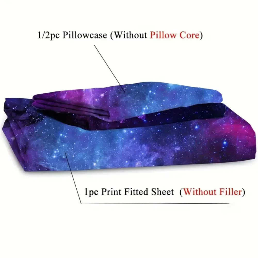 2/3pcs Vibrant Purple Galaxy Space Star Aviation Nebula Fitted Sheet Set - Soft, Breathable, Comfortable, Deep Pocket Mattress