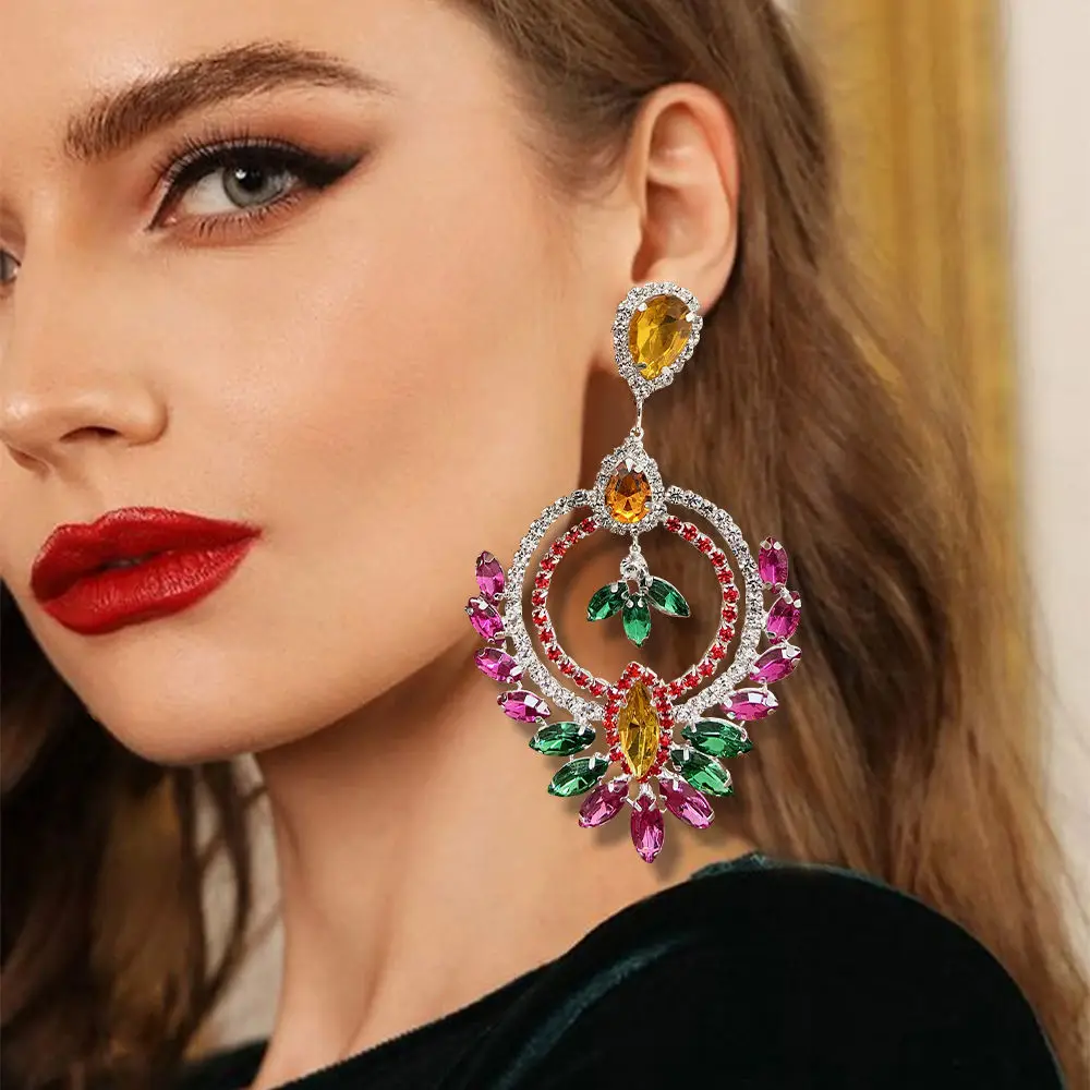 Stonefans Colorful Crystal Double Hoop Earrings Ear Accessories Vintage Water Drop Dangle Earrings 2023 Jewelry for Women