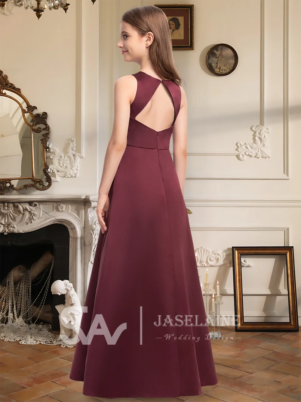 Элегантное платье подружки невесты с круглым вырезом, атласное трапециевидное платье длиной до пола с карманами, платье с цветочным узором для девочек, официальная свадьба для девочек