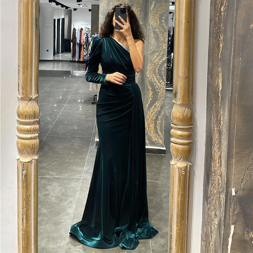 

Green Arabia Dubai Evening Dresses Velour One Shoulder Mermaid 2022 Prom Dress Simple Beaded Wedding Party Gowns فستان سهرة