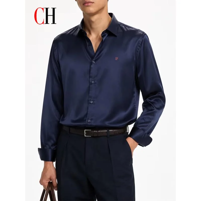 CH Logo Embroidered Left Chest Premium Satin Dress Shirt Men Versatile Work Meeting Wedding Casual Tops