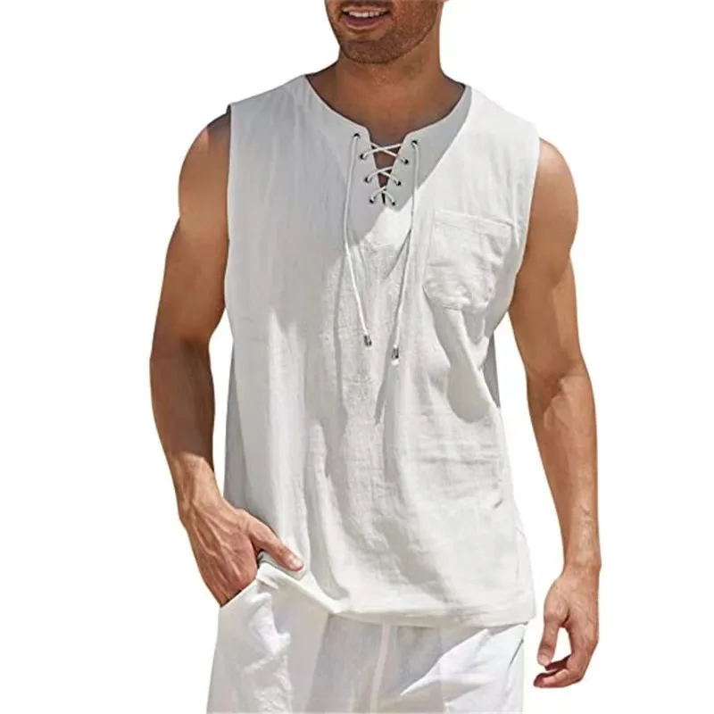 Fashion Men\'s Cotton Linen Solid Color Sleeveless Vintage Drawstring V-Neck Gym Top T-Shirt Summer Beach Street Casual T-Shirt