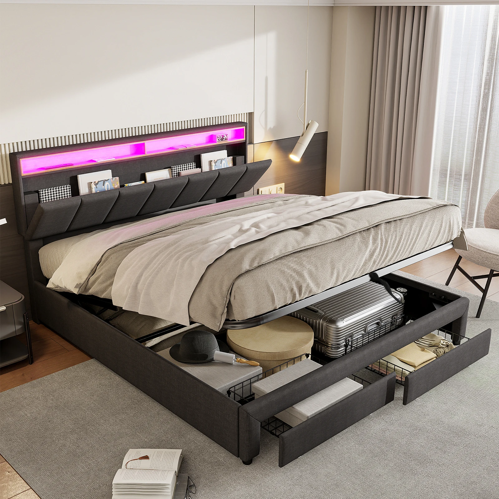 Anajqaqia 180x200cm Polsterbett mit 2 Schubladen, hydraulisches Stauraumbett, Doppelbett mit Bettkasten, Bett mit Stauraum, verstaubares Kopfteil, Jugendbett für Schlafzimmer, Leinen, Grau