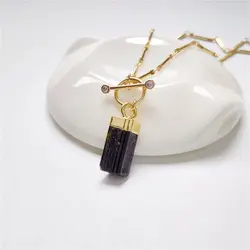 FUWO Natural Black Tourmaline Necklace,Golden Plated Healing Crystal Stick Chain OT Buckle Jewelry For Women Gift NC410