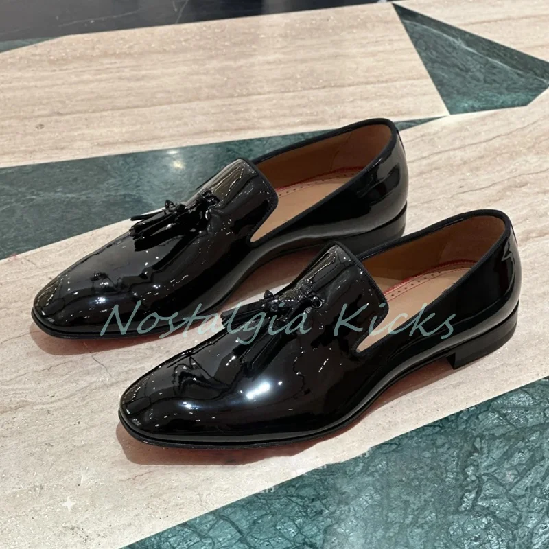 Sepatu Pantofel Detail Rumbai Kulit Paten Hitam Mewah Sepatu Formal Pria Slip On Kulit Sapi Sepatu Oxford Flat Bisnis Nyaman