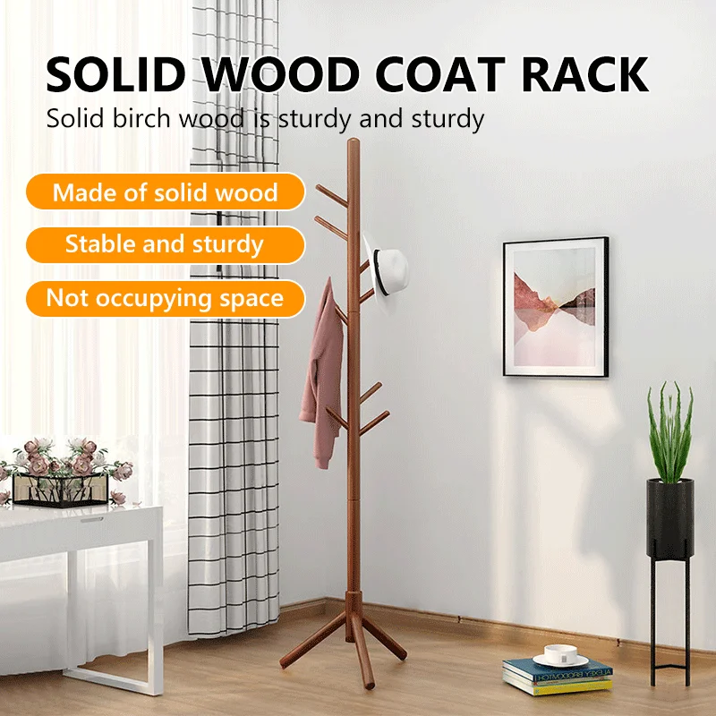 Solid Wood Coat Rack, Floor-standing Wardrobe Hanger, Home-use Simple Clothes Drying Stand, Room Bag Hanging Rack image 2