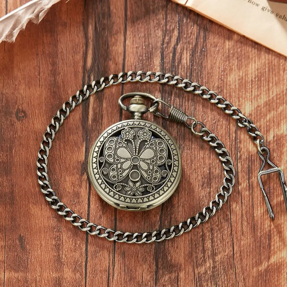 

Elegance Flowers Butterfly Bronze Hollow Hunter Pocket Watch mechanical Movement Vintage Exquisite Lady Jewelry Pendant Clock