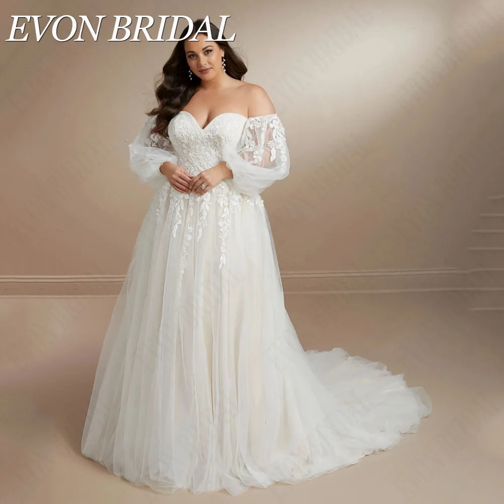 EVON BRIDAL Plus Size Sweetheart Lace Wedding Dress Gowns Detachable Puffy Sleeves Applique A-Line Bridal Dress Vestido De Novia