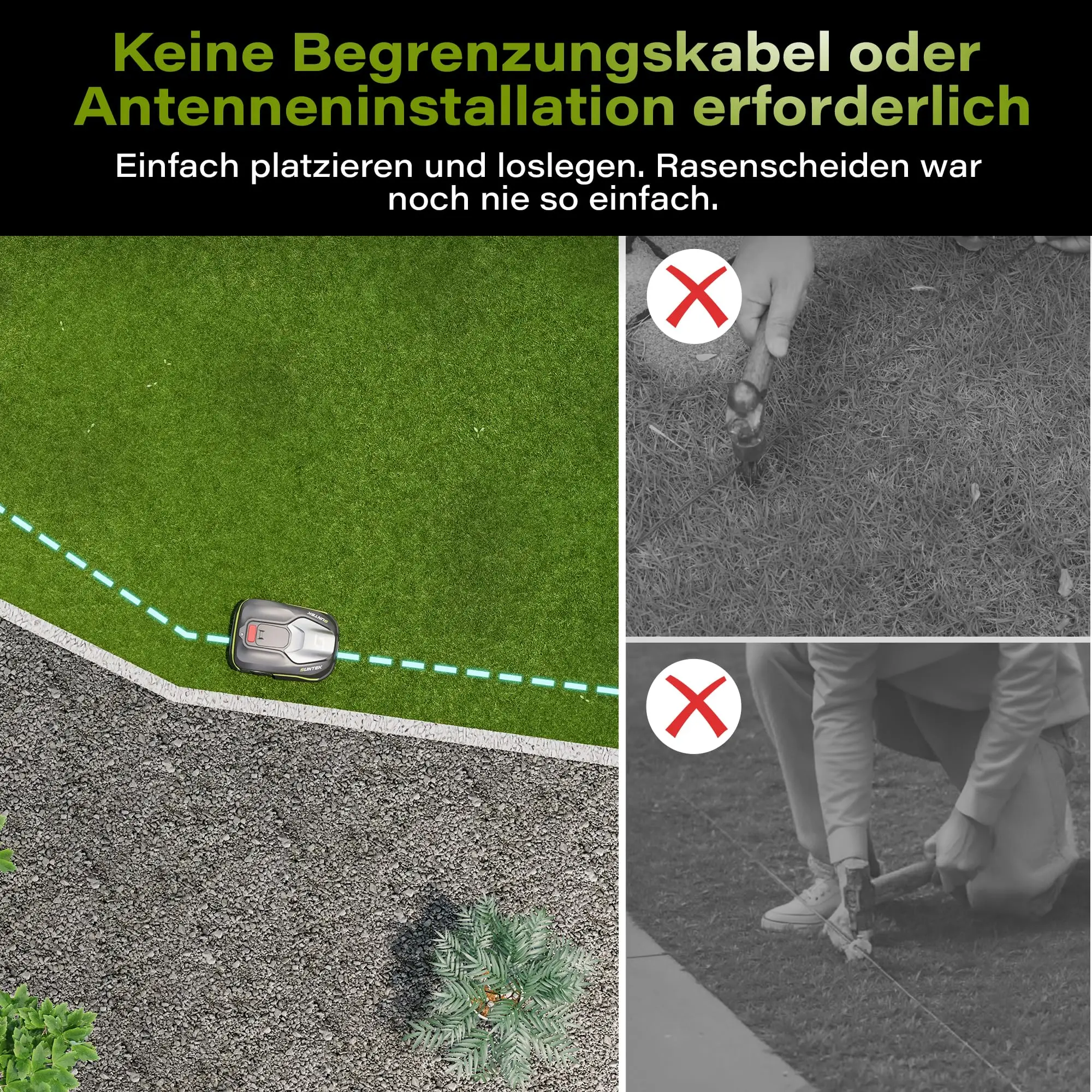 SUNTEK robot lawn mower without boundary wire AI Vision camera, Max 600 m², precise obstacle avoidance, IPX5 water protection,