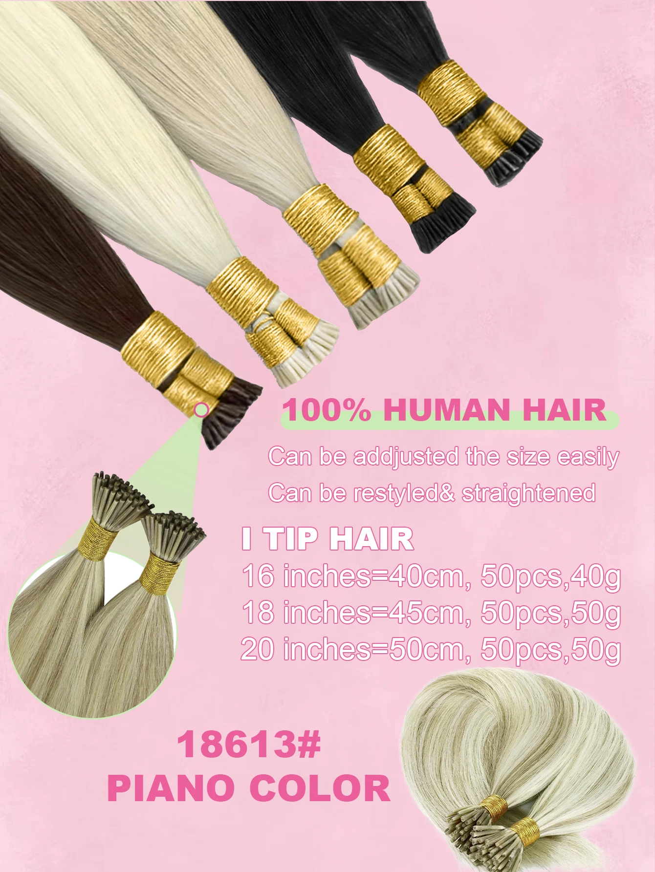 50 Strands I Tip Human Hair Extensions Straight Remy Pre-Bonded Add Length & Volume Natural Looking Hair Extensions P18/613