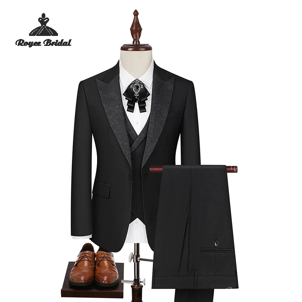 Zwart Driedelig Single Breasted Heren Trouwpak 2026 Piek Revers Formeel Avondpak Aangepaste trajes para hombre