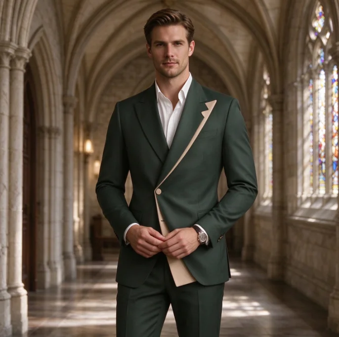 Men's 2 Piece Dark Green Suit Slim Fit Asymmetric Beige Lapel Blazer Pants Wedding Groom Formal Business Suit Custom Size