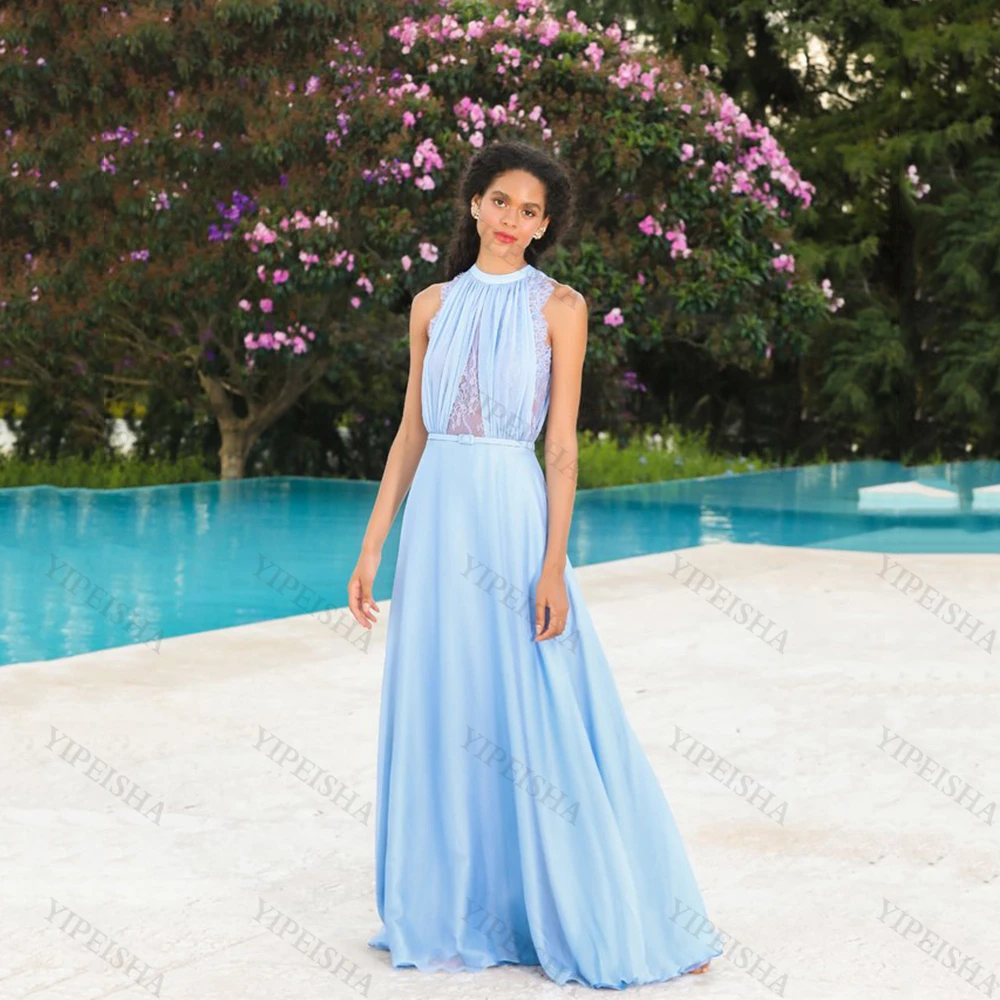 

Customized Sky Bule O-Neck A-Line Prom Gown Sexy See-Through Sleeveless Lace Chiffon Long Beach Bonfire Party Dress Robes De Soi