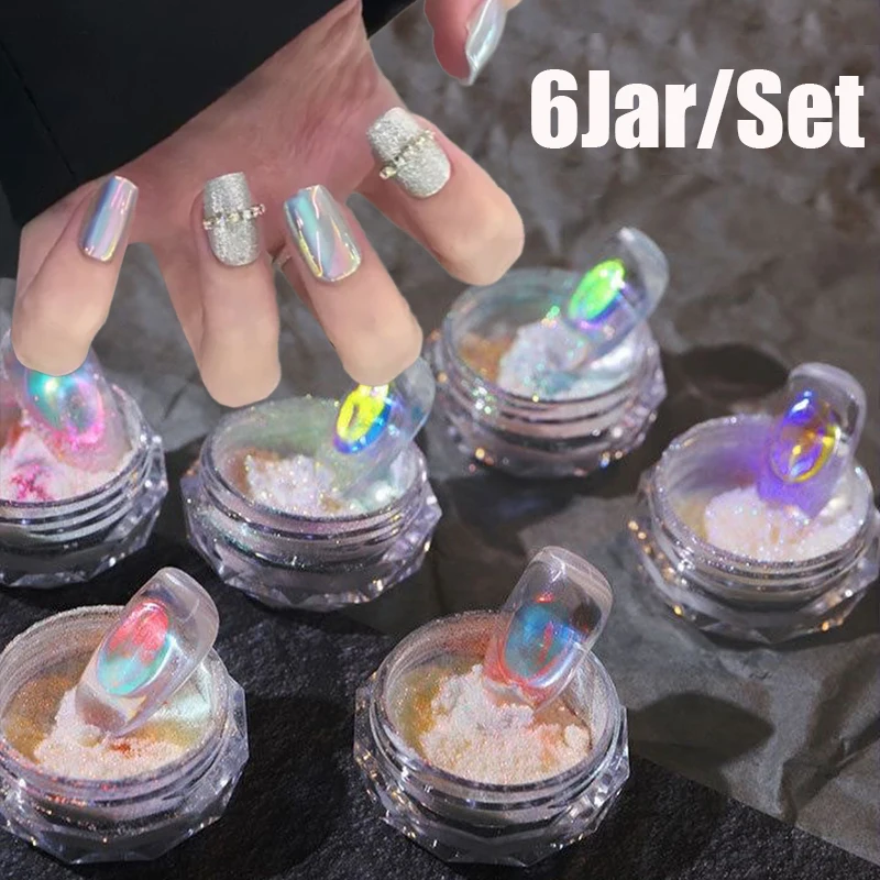 

6Jar/Set Ice Transparent Aurora Powder Nail Glitter 6Color Mermaid Chrome Dust Iridescent Rainbow Pearlescent Manicure Pigment*-