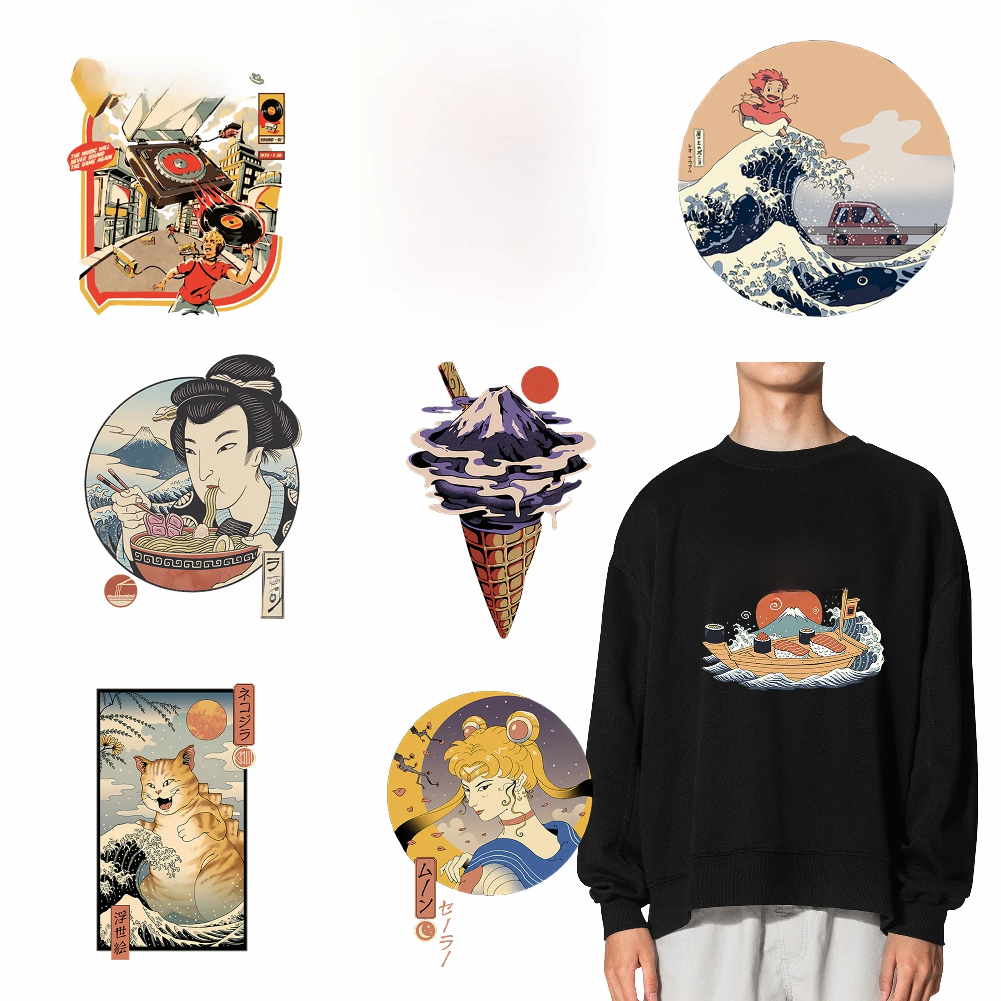 Ukiyo-e-Autocollant d'estampage à chaud fait à la main, style Fuji, montagne, mer, vague, motif de fer, impression par transfert de chaleur, t-shirt de bricolage