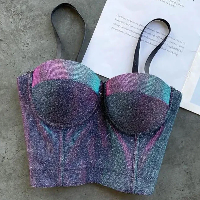 Damski błyszczący seksowny gorset biustonoszowy dla dziewczynek Push Up Cropped Tops Lady Halter Bling Bustier Tube Night Club Cool Camis Tanks Lingeries — zdjęcie 2