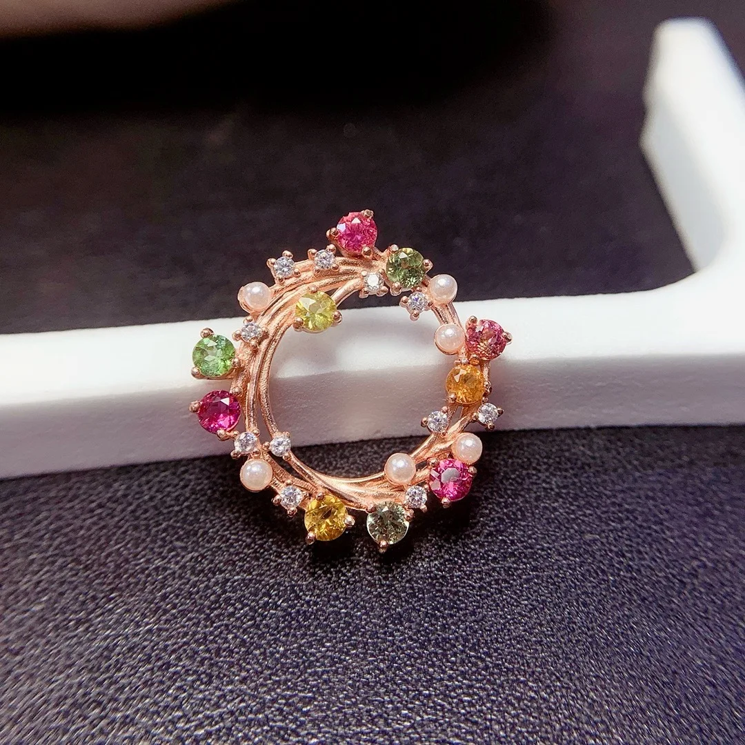 Jewelry Girls' Pure Natural Tourmaline Pendant Necklace 925 Pure Silver Electroplating 18K Rose Gold Christmas Wreath Gift for