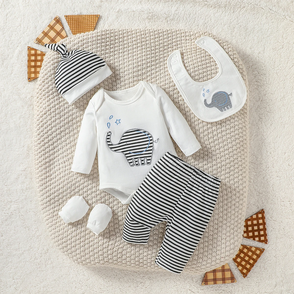 4Pcs Baby Boys Spring/Autumn Long Sleeve Cartoon Elephant Boysuit+ Stripe Trouser For Outfits Chlothing+Hat+Bib+Gloves