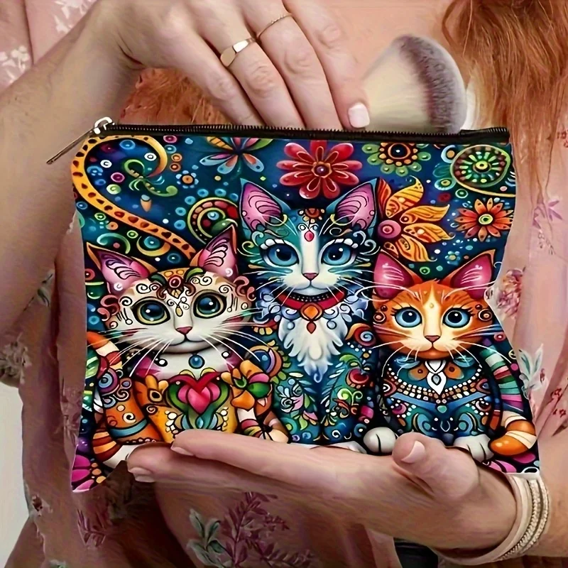 1Pc Bohemian Mexican Day of the Dead, Colorful Cat Retro Design Multifunctional Travel Makeup Bag, Snack Storage Bag, Stationery Storage Bag, Fashionable Toiletry Bag, Canvas Double-Sided Printed Zipper Pouch