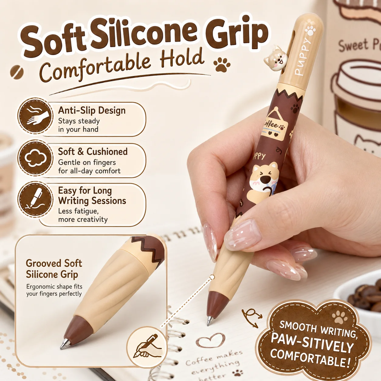 4 pcs/set Coffee Puppy Cats Fragrant Gel Pen For Writing Rotate Black Ink Pens School Office Stationery Supplies Gifts