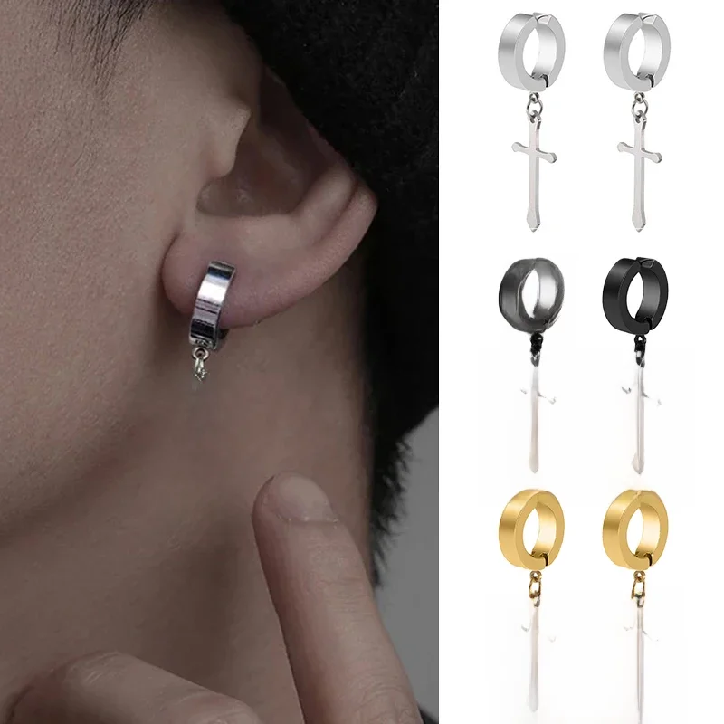 Boucles d'oreilles à Clip croisé en titane et acier pour hommes et femmes, en acier inoxydable, Punk noir, simple, fausses boucles d'oreilles, bijoux