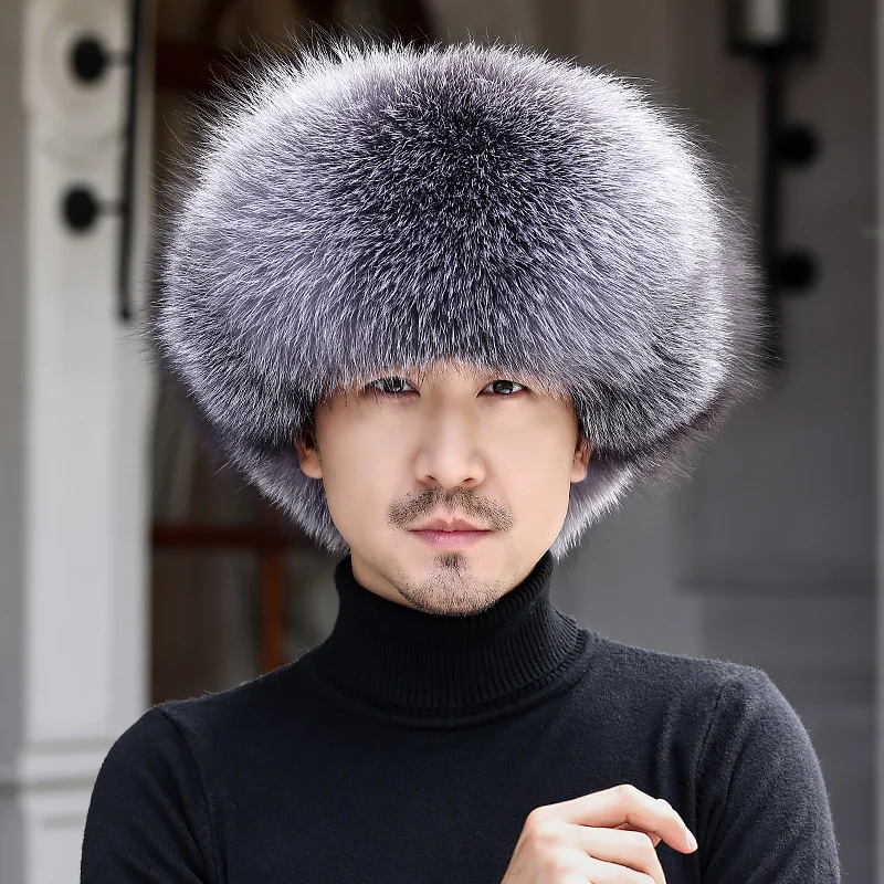 New Hat For Men Winter Natural Real Fox Fur Bombers Hats Outdoor Windproof Raccoon Fur Cap Man Luuxry Real Sheepskin Leather Hat