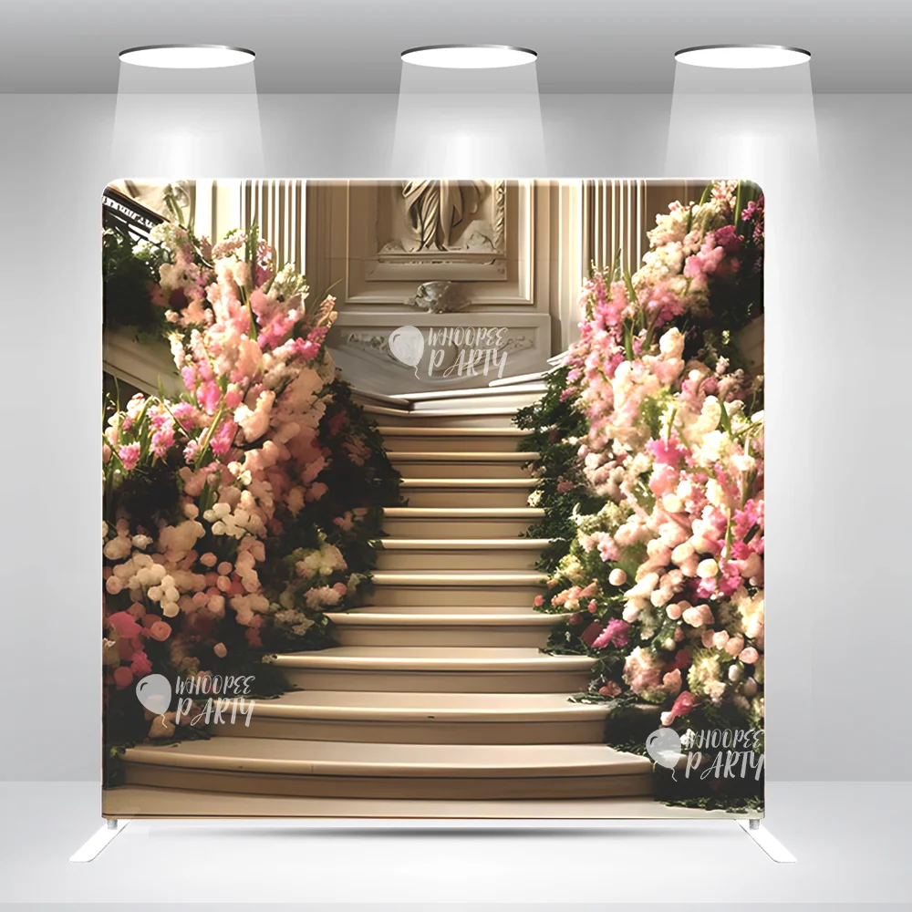 

A Staircase With Flowers On It Wedding Valentine's Day Pillow Case Photo Booth Backdrop Cover