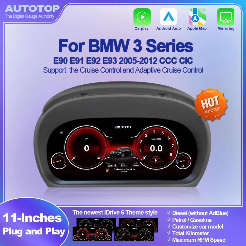 Cruscotto Digitale AUTOTOP 11' per BMW Serie 3 E90 E91 E32 E93 2004-2013, CarPlay Android Auto GPS, Diesel Benzina