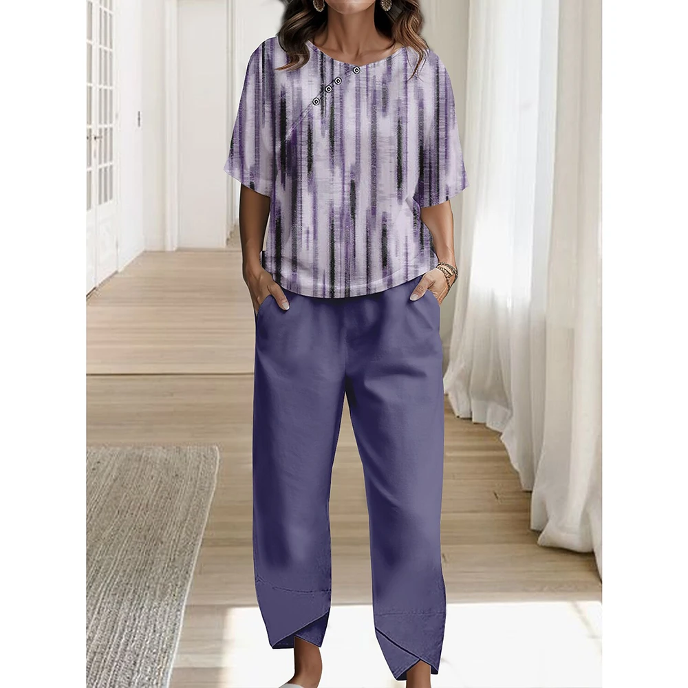 Trajes de mujer de mediana edad, ropa de verano, camiseta, Top, pantalones, conjunto de dos piezas, elegante, cuello redondo, pantalones cortos de