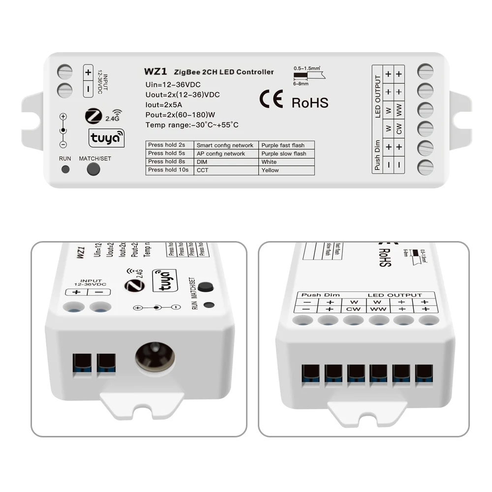 

WZ1 12-36V Tuya Zigbee 2CH Controller+2.4G RF 2-in-1 Dimmer DIM CCT Smart APP Or Remote Control Works With Google Alexa