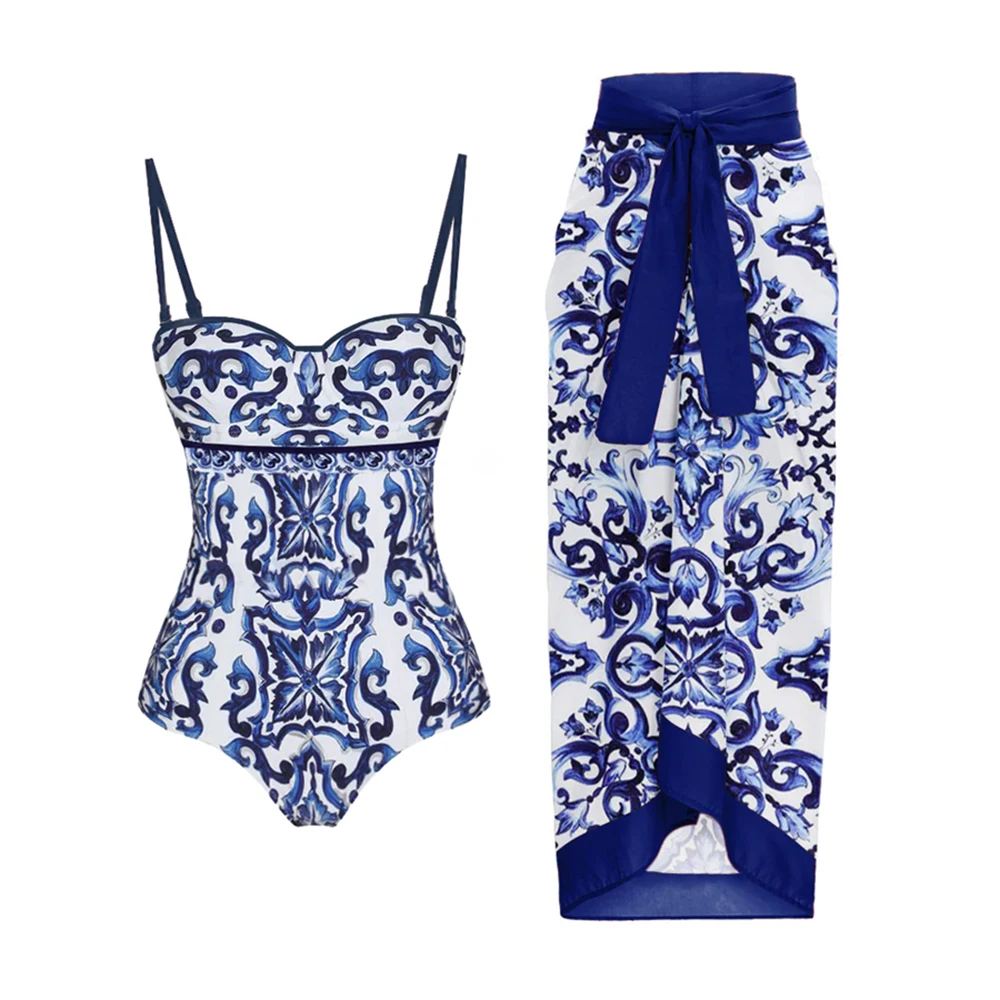 Blue Bikini Printed Fashion One Piece Swimsuit And Cover Up  With Skirt Tight Women\'s Bandage Summer Beach Luxury Elegant