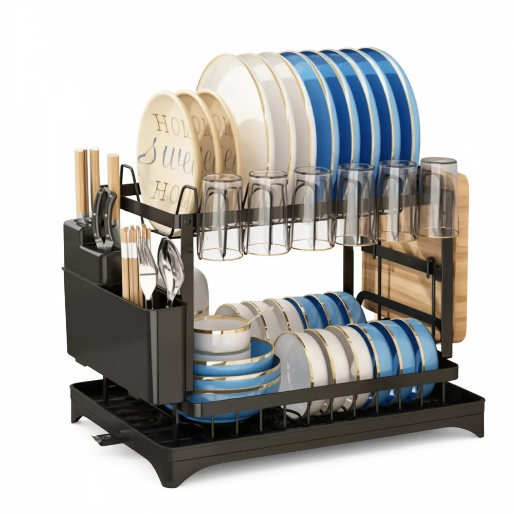 2 Tier Dish Drying Rack Space Saving Kitchen Counter Organizer With Drain Tray Cup Hooks Cutlery Holder