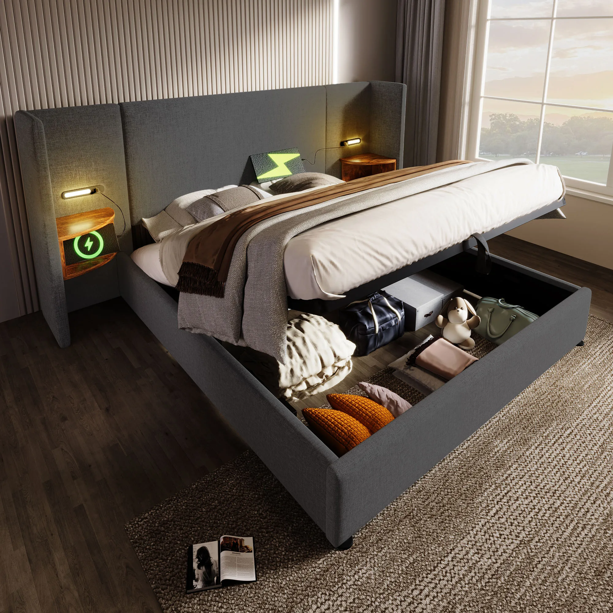 Lit 180x200 cm avec rangement, lit double en lin avec sommier à lattes, tête de lit avec étagère, lampe de lecture, 2 ports USB et 2 ports Type-C, cadre de lit en métal et bois massif, gris, matelas non inclus