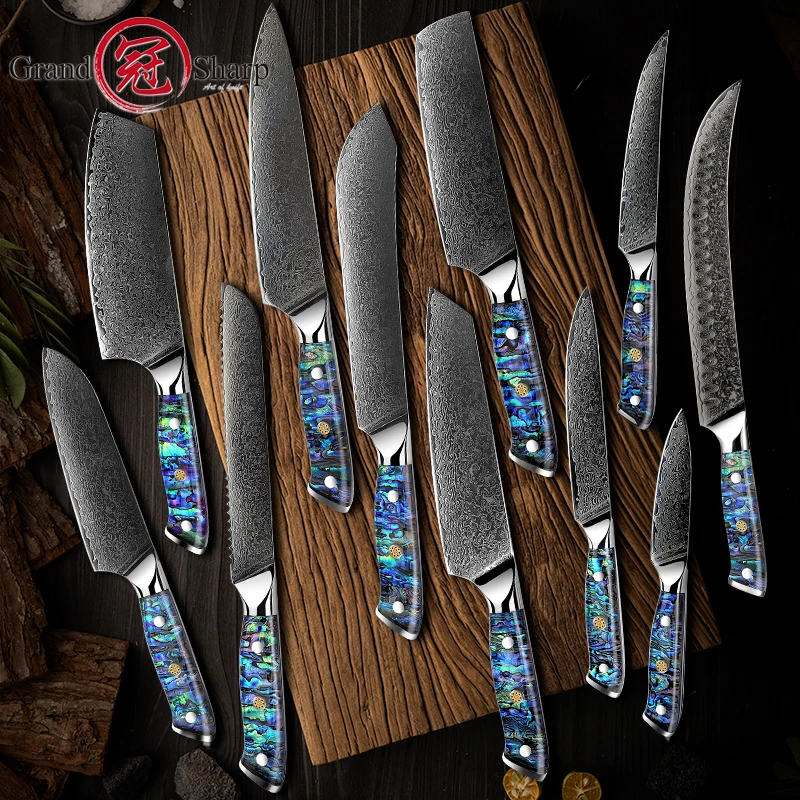 10 PCS Chef Knife Set Japanese Damascus Steel Santoku Utility Cleaver Bread Paring Slicing Professional Kitchen Knives Cutlery