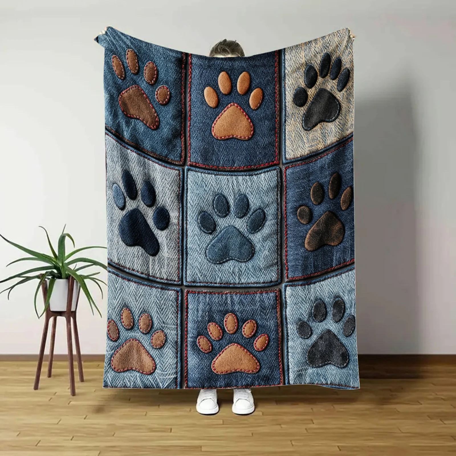 1 Stück Flanell-Decke mit Cowboy-Stil Hundepfoten-Muster, 280gsm, weiche komfortable Ganzjahres-Überwurfdecke für Schlafzimmer, Sofa, Bett, Büro, Camping, Reisen, Heimdekoration, perfektes