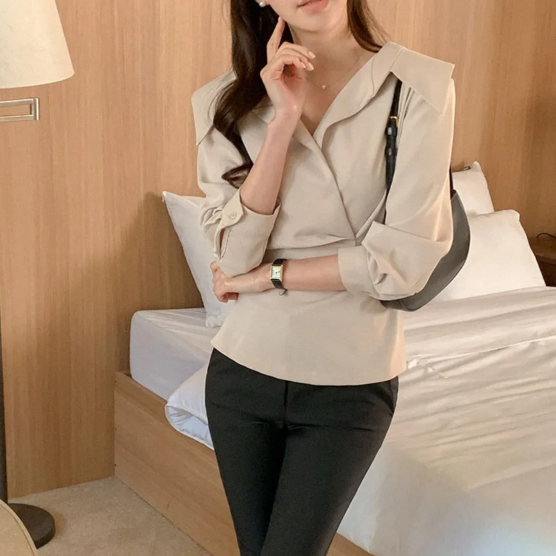 Korean Style Spring New Women\'s Shirt V-neck Kara Wrap Blouses