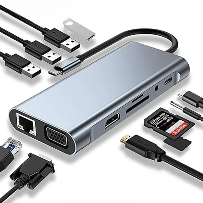 HUB USB C, adapter USB C z czytnikiem kart 4K HDMI/VGA/Type C PD/RJ45/SD/TF do iPada MacBook Pro/Air M1 — zdjęcie 2