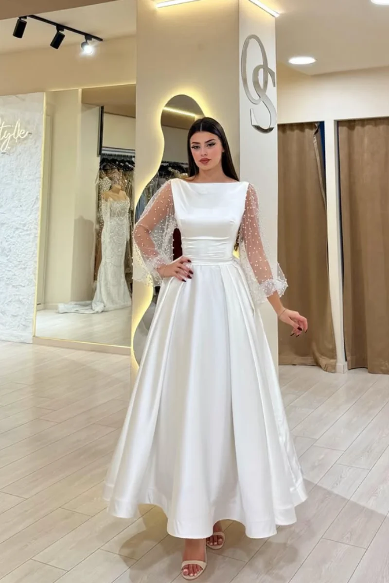 Jessica Exquisite White Evening Dresses Lace Long Sleeves Prom Dresses Satin Elegant Lady FormalOccasions Party Dresses