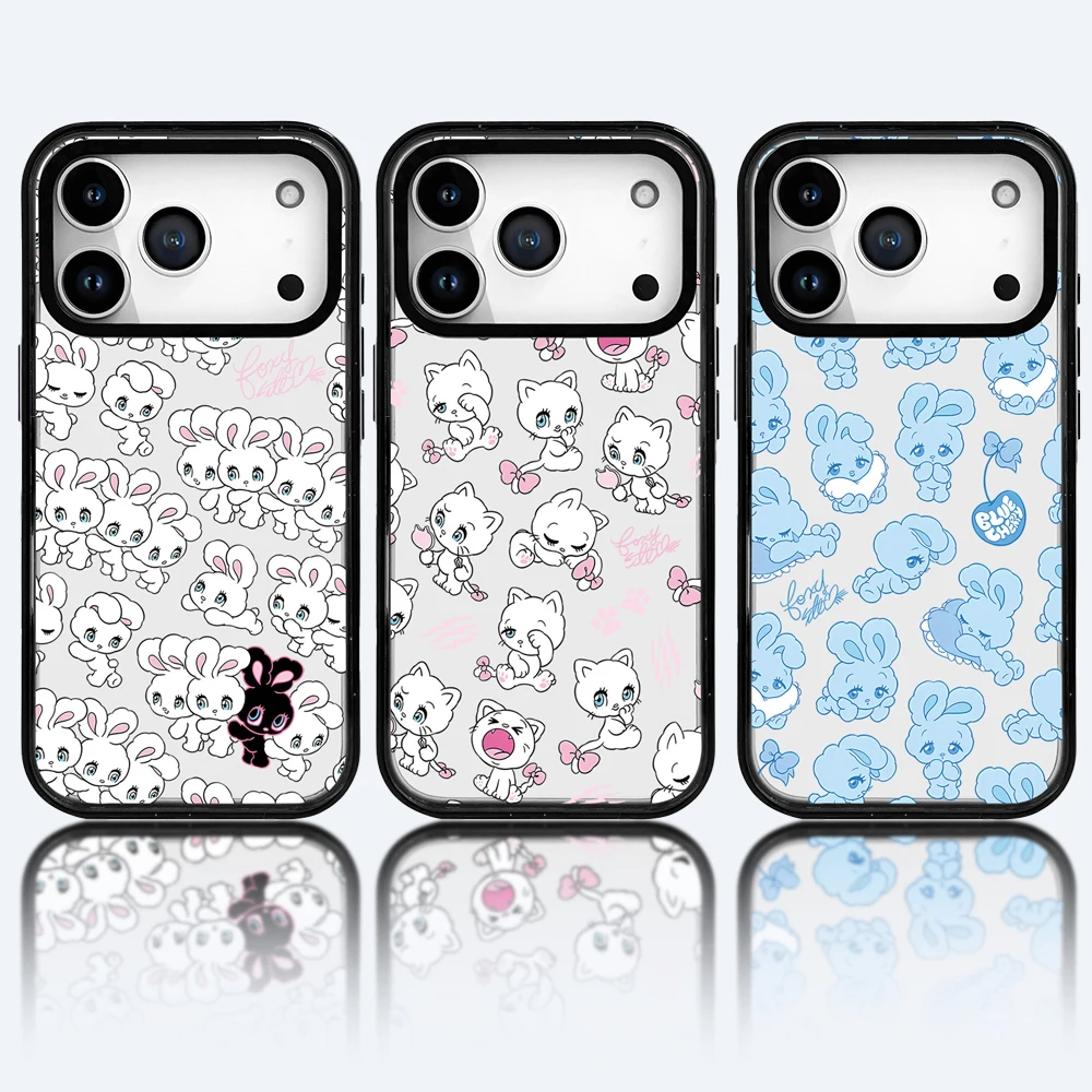 

Cute Black White Bunny Blue Acrylic Phone Case With Magnetic For iPhone 17 14 13 15 16 Pro Max Air Plus Case