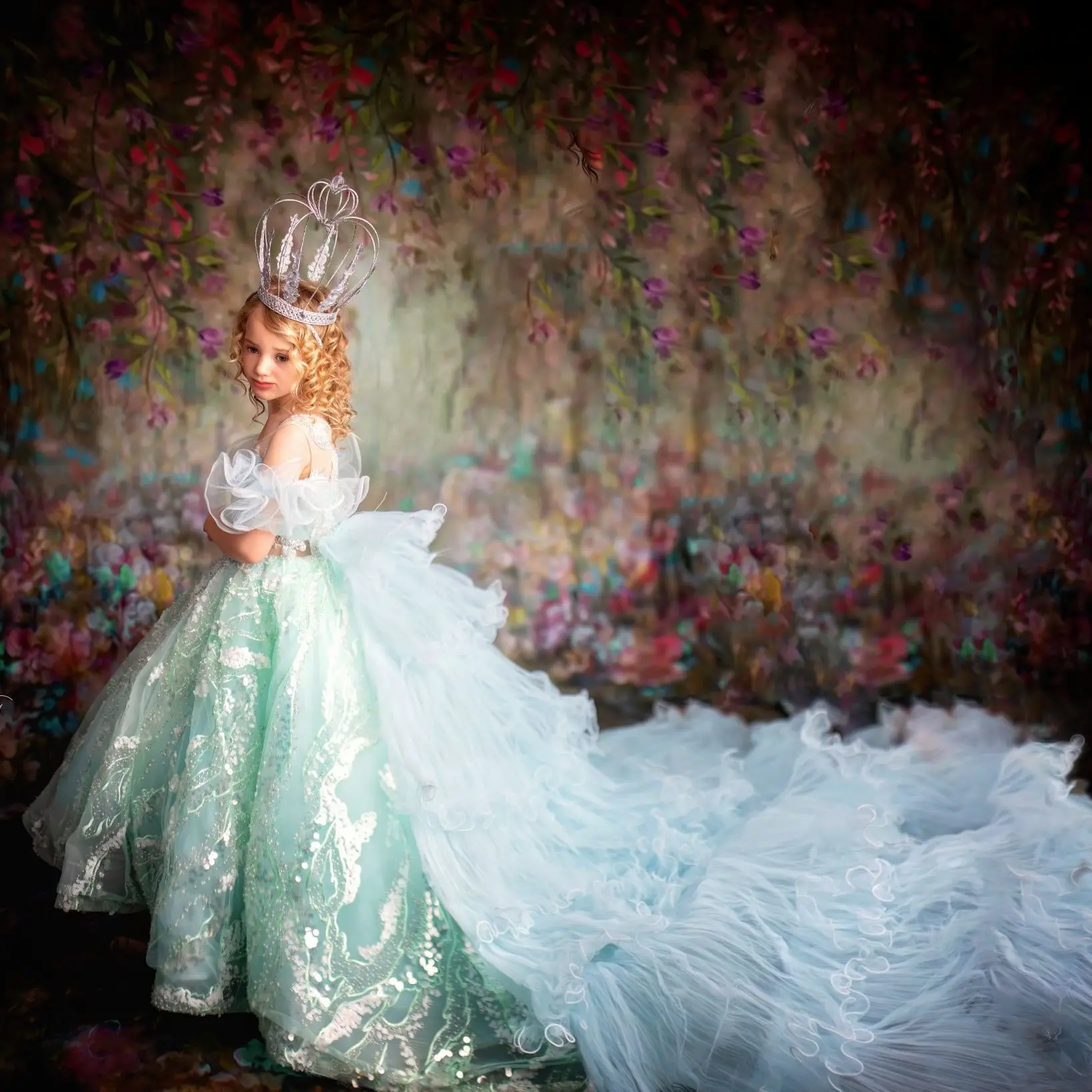 Vestido de princesa verde menta para desfile para sesión de fotos, apliques con cuentas, vestido de cumpleaños para niños, ropa de fiesta, vestido de niña de flores para bodas