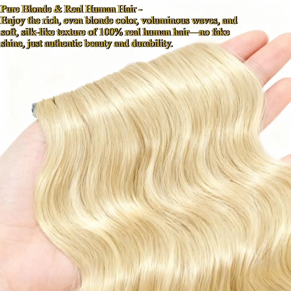 شريط أشقر في وصلات الشعر، شعر بشري بلاتيني # 613 شريط لحمة جلد مستقيم بدون خياطة في وصلات شعر بشري حقيقي 50 جرام #2