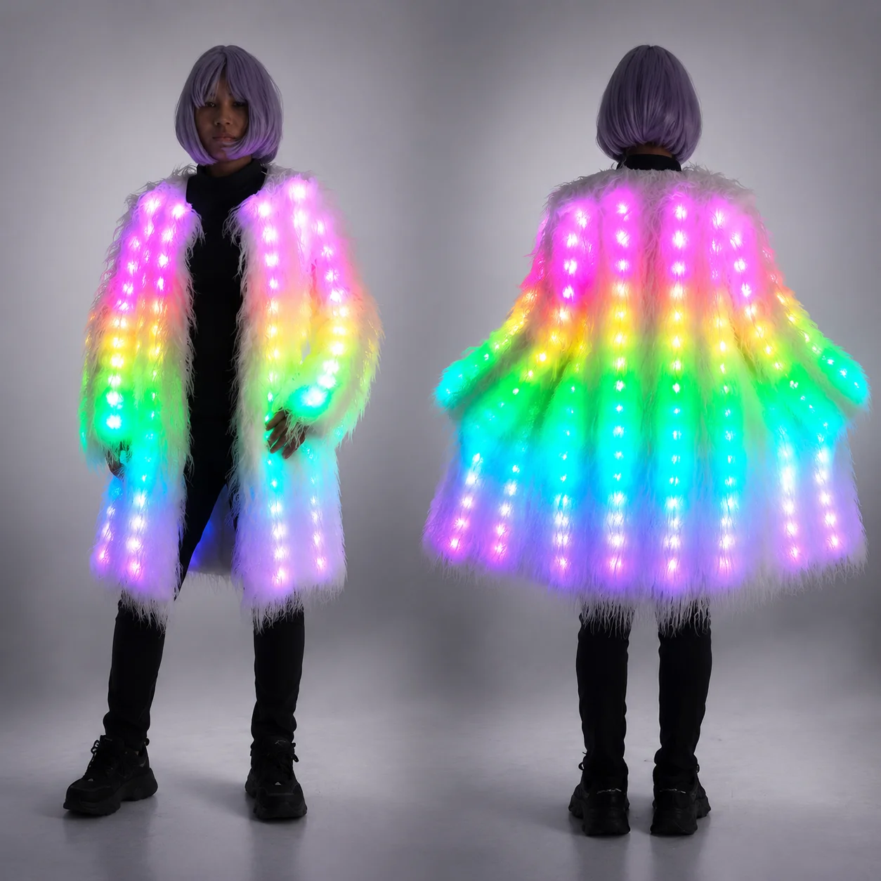 Damen LED Mode-Kunstpelzjacke mit Fernbedienung, Leuchtende Jacke, Warme Weiche Oberbekleidung für Partys und Besondere Anlässe