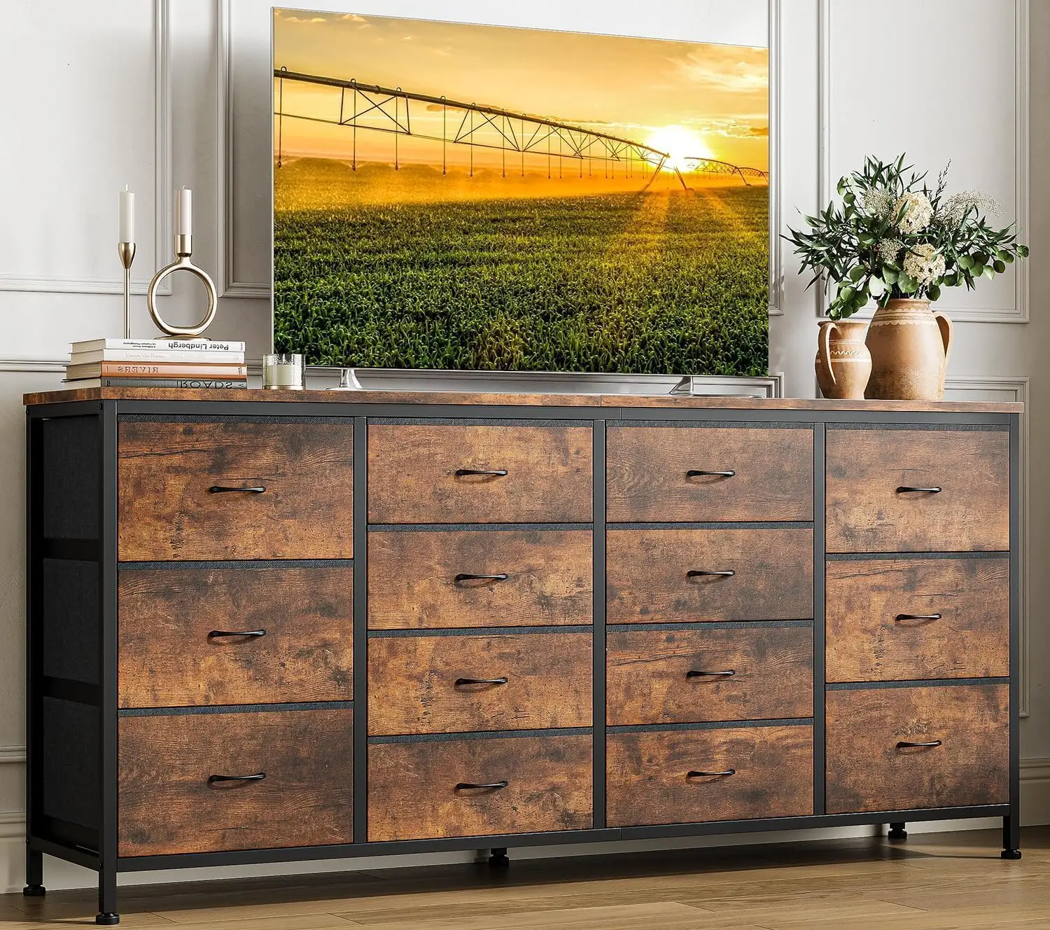 Platzsparende TV-Kommode, 14-Schubladen-Stoffkommode mit Steckdosen, Metallgestell, moderne Aufbewahrungsmöbel für Schlafzimmer, Wohnzimmer, Kinderzimmer, 160 x 35 x 75 cm