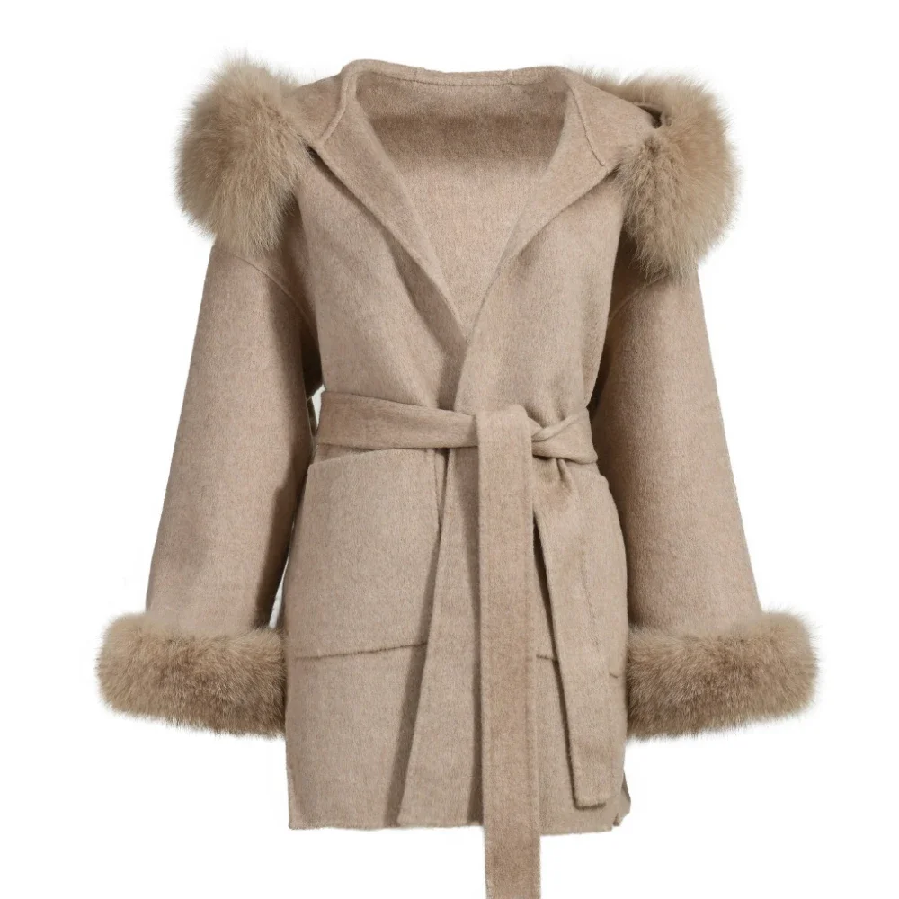 Jxwatcher wollen jas en mengsels mode middellange kasjmier jas met capuchon 100% echte vossenbontkraag manchetten winterjas voor dames - afbeelding 2