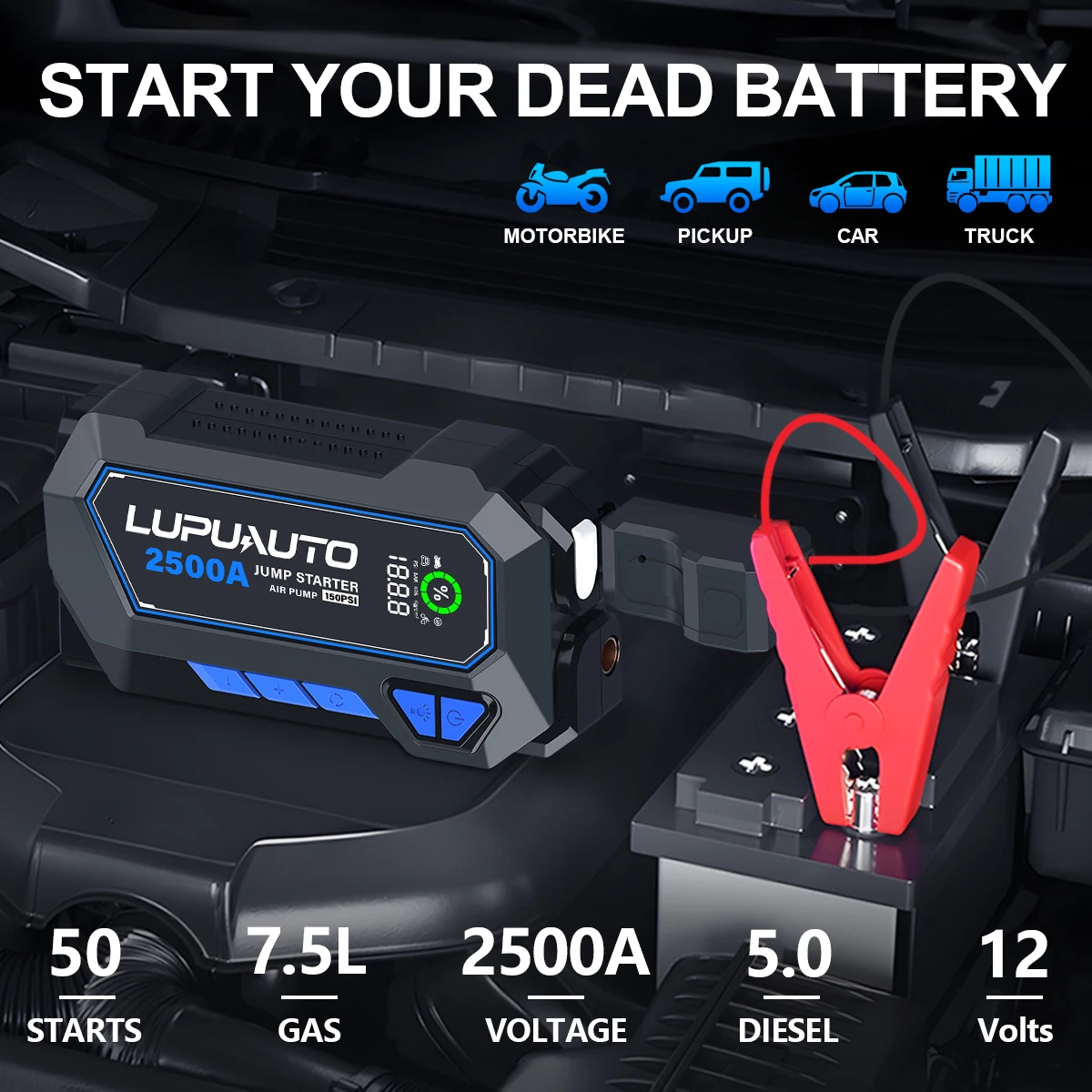 150PSI Jump Starter with Air Compressor 2500A Portable Car Battery Booster (7.5 Gas/5.0L Diesel) with Air Compressor Tire Pump Power Bank 12V Car Battery Starter Car Battery Charger