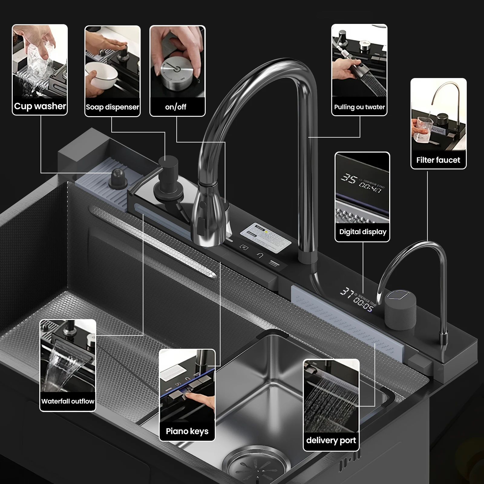 Integrierte große Einzel-Spülbecken-Küchenspüle aus Edelstahl mit Wasserfallarmatur, digitaler Temperaturanzeige, komplettem Set mit Seifenspender und Zubehör für Zuhause, Restaurant und Hotel – Detail 9