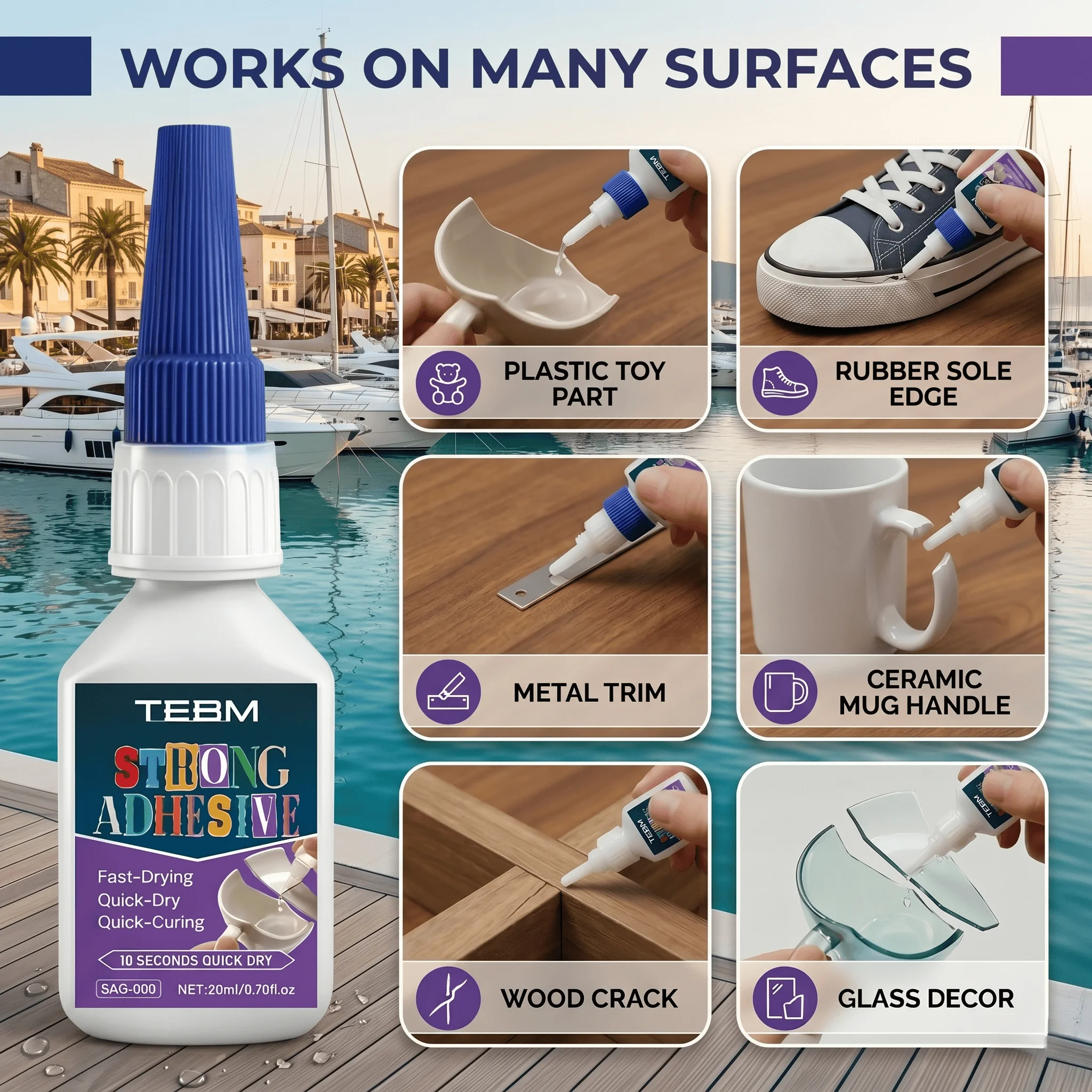 TEBM Super Glue Quick-Drying Cyanoacrylate for Plastic Wood Metal Tyres Rubber Shoes Tire Liquid Strong Adhesive Repair Includes