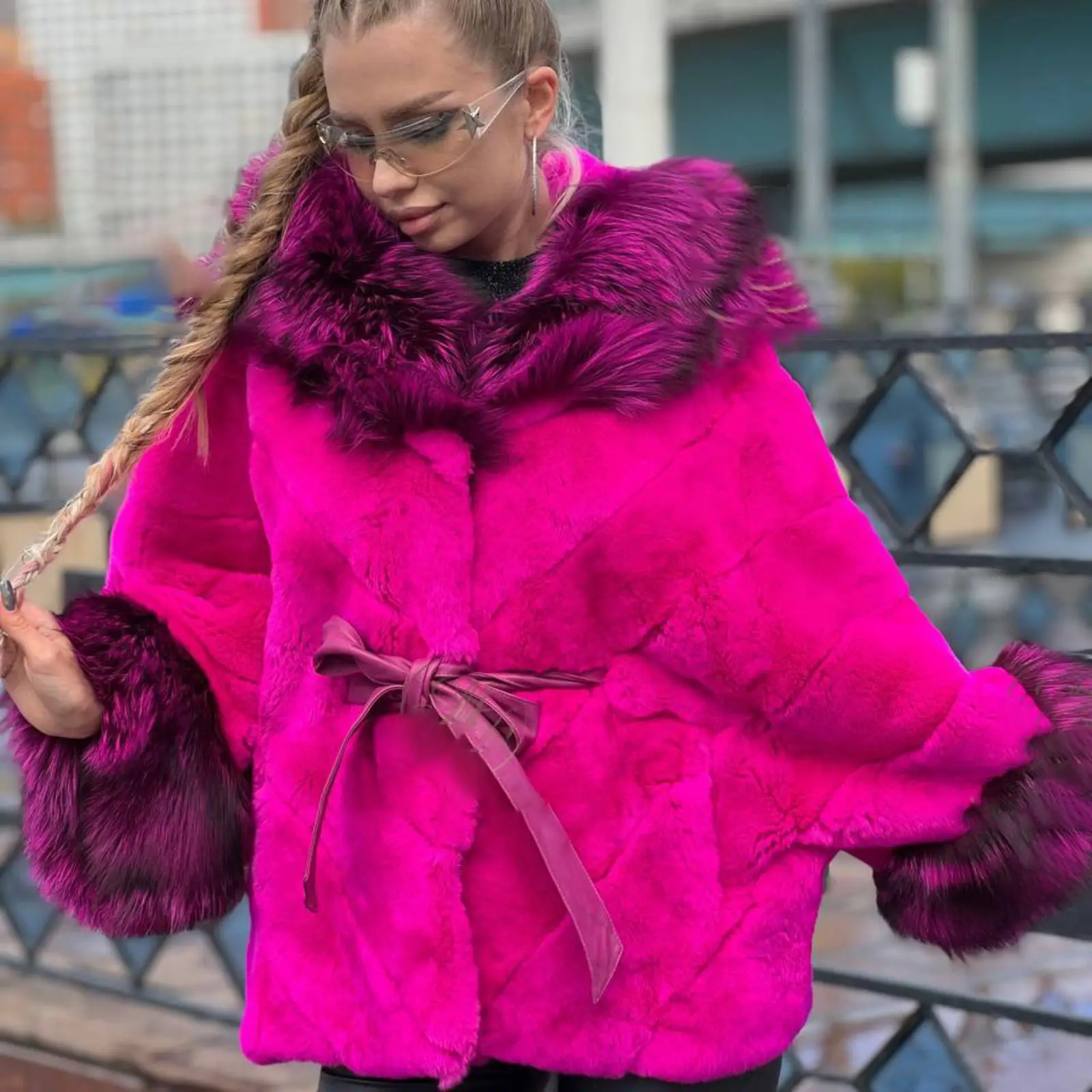 

Rose Red Natural Rex Rabbit Fur Coat with Hood High Quality Women Genuine Full Pelt Rex Rabbit Fur Jacket Medium Length Overcoat